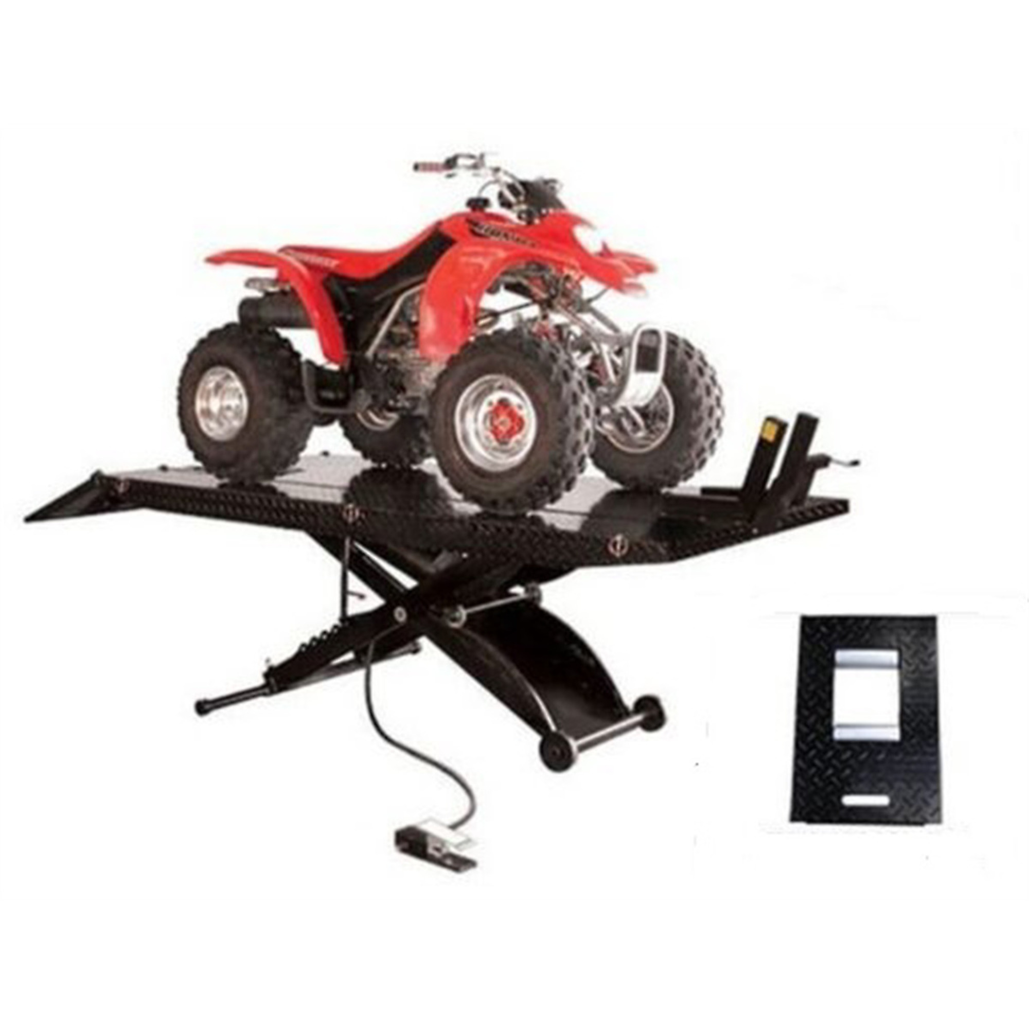 Atlas Automotive Equipment ACL-XLT Portable Motorcycle Lift with 12" Side Extension, 1,000lbs., 33" Full Lift Height, 85 1/2" Table Length, Air-operated, Diamond Plate Surface, Front Wheel Vise